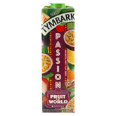 The Tymbark - Passionfruit Juice - 1L carton features a lively label showcasing passion fruit, orange, and guava illustrations. This refreshing beverage offers 1 liter (33.8 fl oz) of tangy passionfruit goodness and is packaged in fully recyclable materials.
